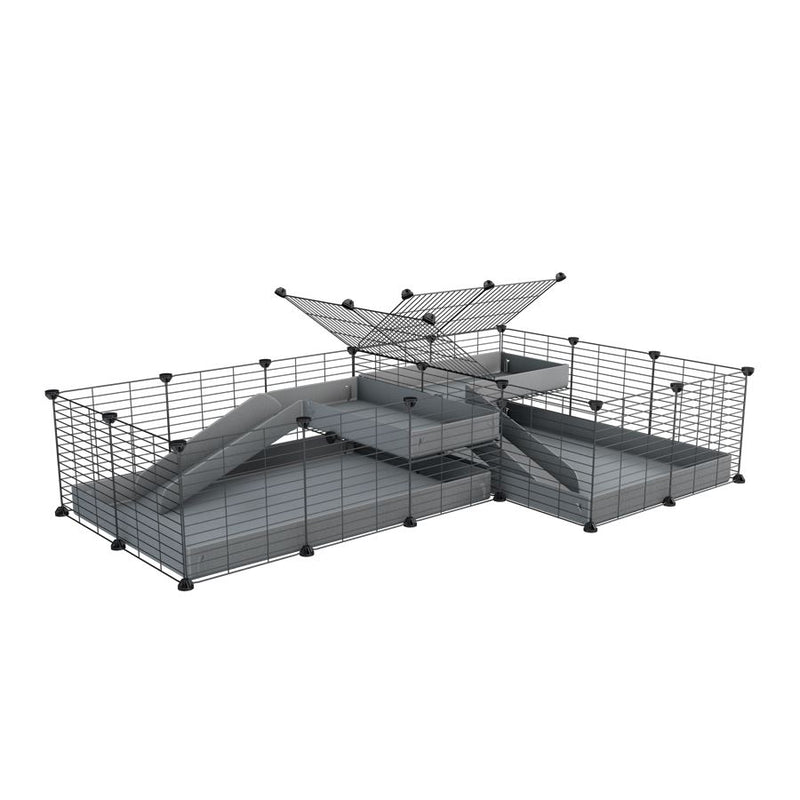 une cavy cage 6x2 en L avec loft avec separation pour cochons d'inde qui se battent ou en quarantaine avec coroplast gris kavee