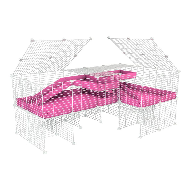 une cavy cage blanche 6x2 en L avec stand et loft avec couvercle et separation pour cochons d'inde qui se battent ou en quarantaine avec coroplast rose kavee