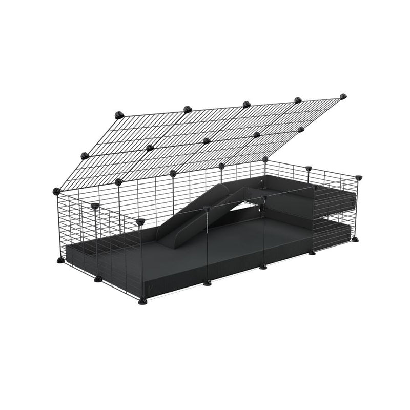 une kavee cage 4x2  avec panneaux transparents en plexiglass  pour cochons d'inde avec une rampe un loft un couvercle un coroplast noir grilles