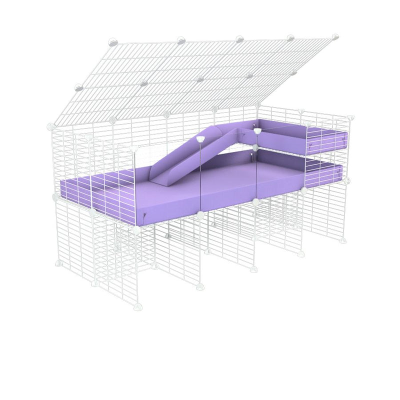 une kavee cage 4x2 avec panneaux transparents en plexiglass  pour cochons d'inde avec rehausseur couvercle loft rampe coroplast violet lilas et grilles blanches fines