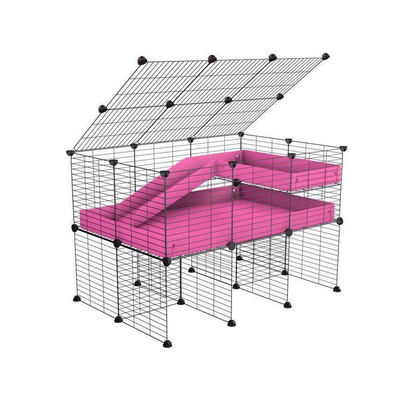 une cavy cage 3x2 pour cochons d'inde avec rehausseur couvercle loft rampe coroplast rose et grilles fines de kavee france