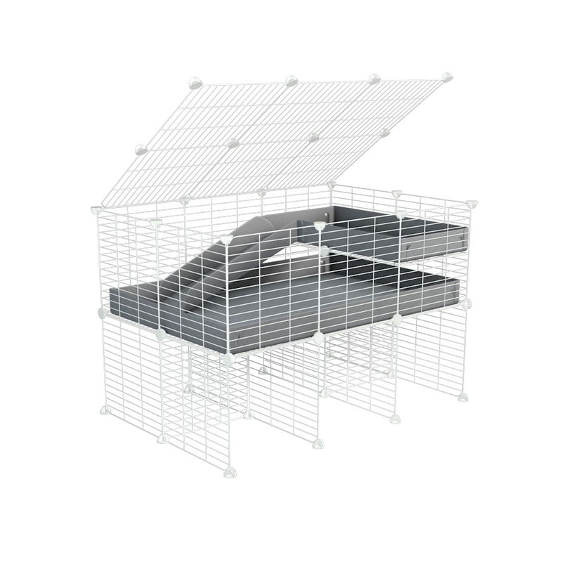 une kavee cage 3x2 pour cochons d'inde avec rehausseur couvercle loft rampe coroplast gris et grilles blanches fines