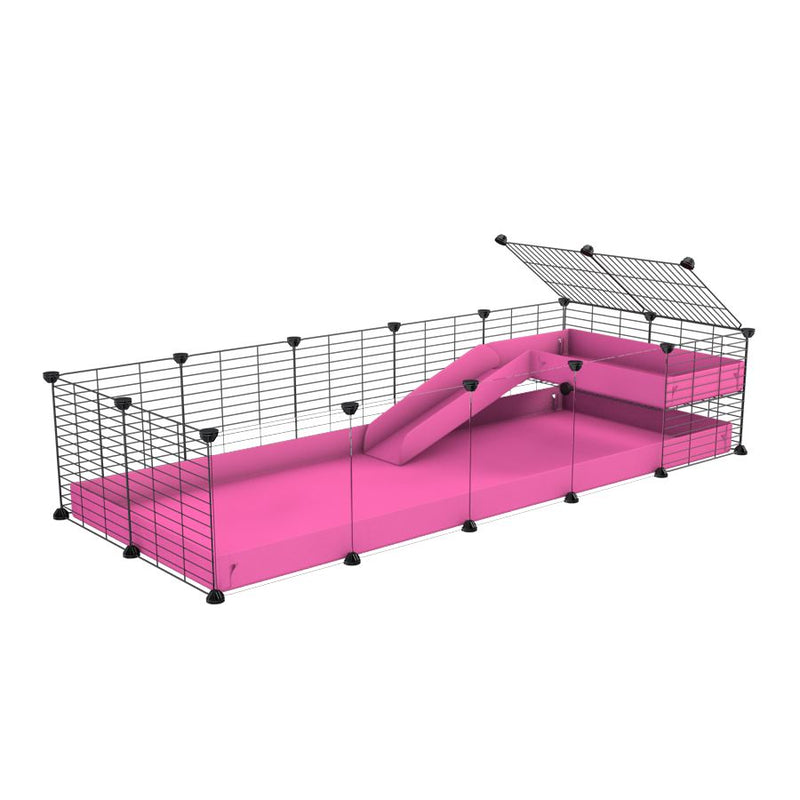 une cavy cage 5x2  avec panneaux transparents en plexiglass pour cochons d'inde avec une rampe une mezzanine un coroplast rose et grilles fines sans danger de kavee