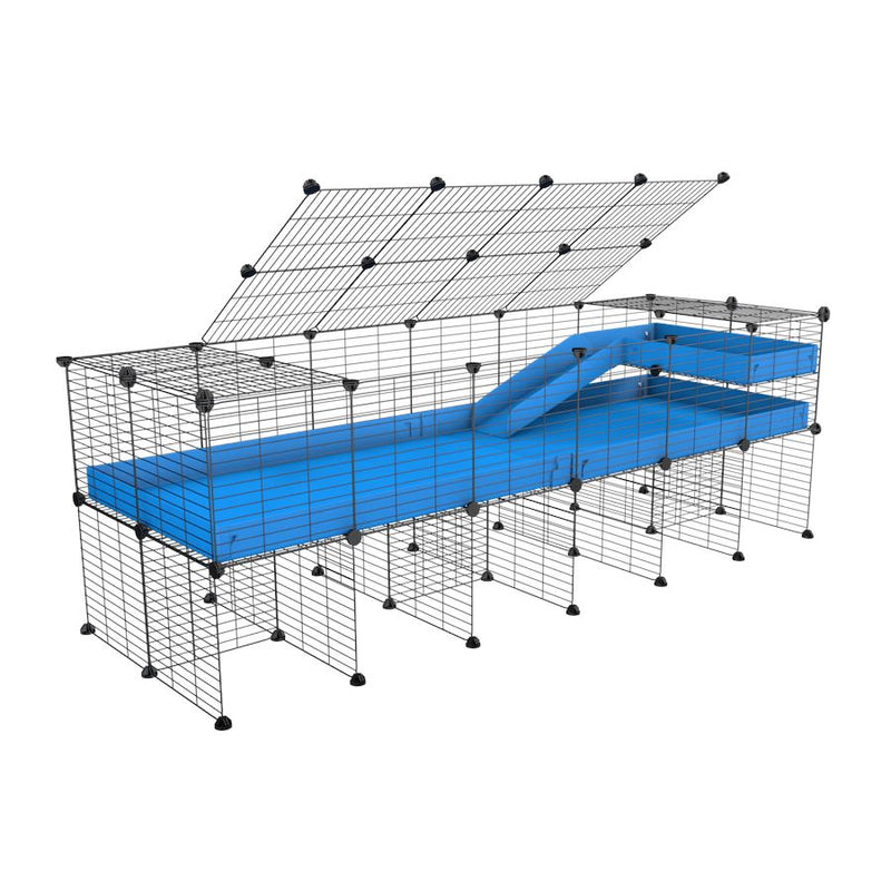 une kavee cage 6x2 pour cochons d'inde avec rehausseur couvercle loft rampe coroplast bleu et grilles fines