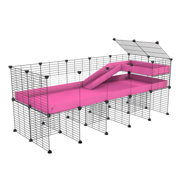 une cavy cage 5x2  avec panneaux transparents en plexiglass pour cochons d'inde avec rehausseur loft rampe coroplast rose et grilles fines petits trous de kavee france