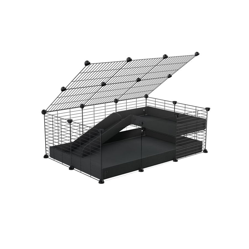 une cavy C&C cage 3x2 pour cochons d'inde avec panneaux transparents en plexiglass avec une rampe un loft un couvercle un coroplast noir