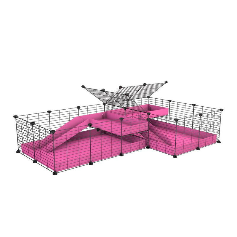 une cavy cage 6x2 en L avec loft avec separation pour cochons d'inde qui se battent ou en quarantaine avec coroplast rose kavee