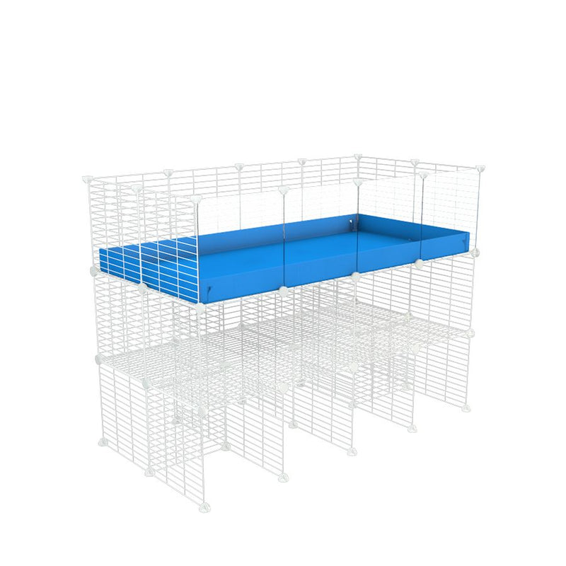 une cavy cage 4x2 pour cochons d'inde avec panneaux transparents en plexiglass avec double rehausseur correx bleu et grilles blanches a petits trous de kavee france