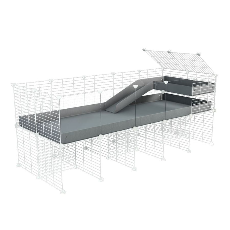 une cavy cage 5x2 avec panneaux transparents en plexiglass  pour cochons d'inde avec rehausseur loft rampe coroplast gris et grilles blanches fines kavee france