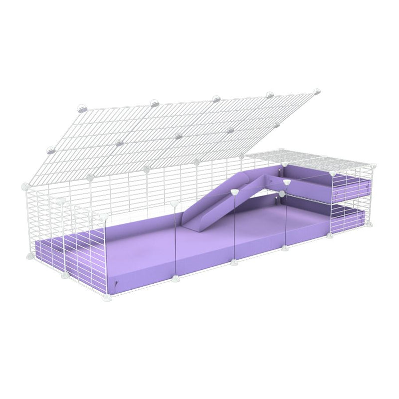 une kavee cage 5x2 avec panneaux transparents en plexiglass  pour cochons d'inde avec une rampe un loft un couvercle un coroplast violet lilas et grilles blanches