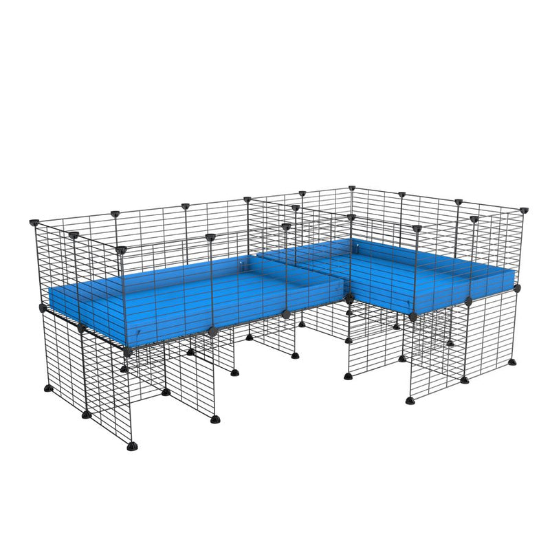 une cavy cage 6x2 en L avec stand avec separation pour cochons d'inde qui se battent ou en quarantaine avec coroplast bleu kavee