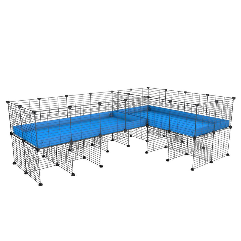 une cavy cage 8x2 en L avec stand avec separation pour cochons d'inde qui se battent ou en quarantaine avec coroplast bleu kavee