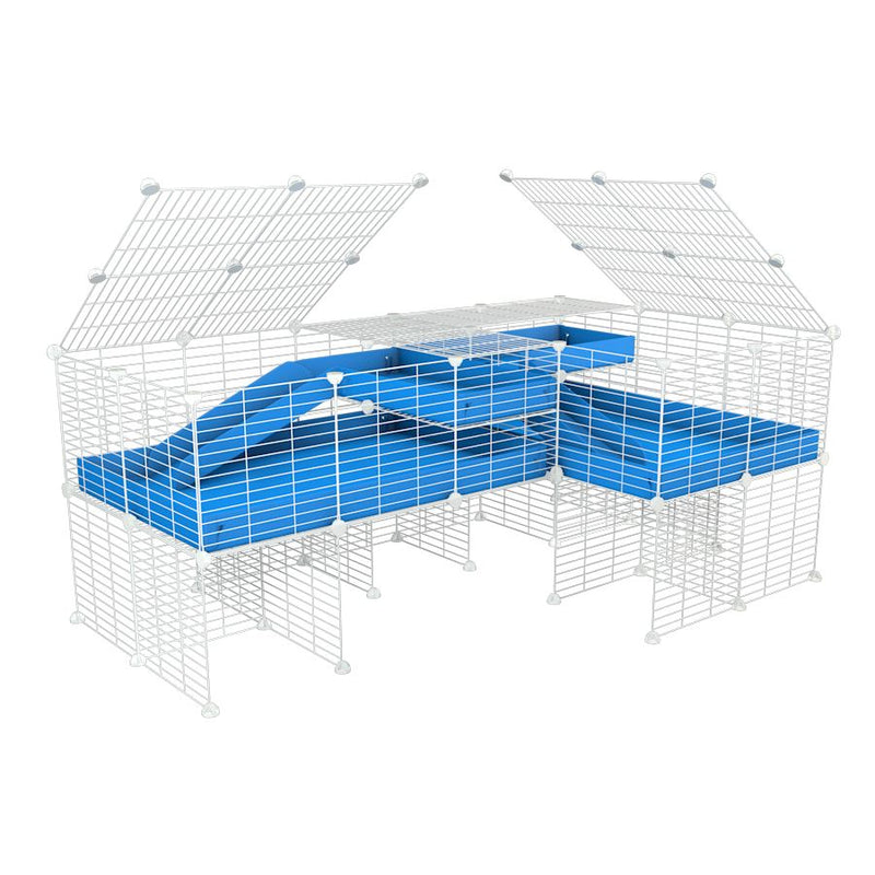 une cavy cage blanche 6x2 en L avec stand et loft avec couvercle et separation pour cochons d'inde qui se battent ou en quarantaine avec coroplast bleu kavee