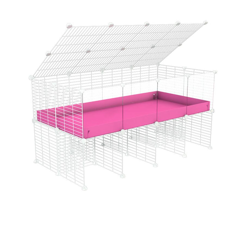 une cavy cage 4x2 avec panneaux transparents en plexiglass  pour cochons d'inde avec rehausseur couvercle correx rose et grilles blanches fines de kavee france