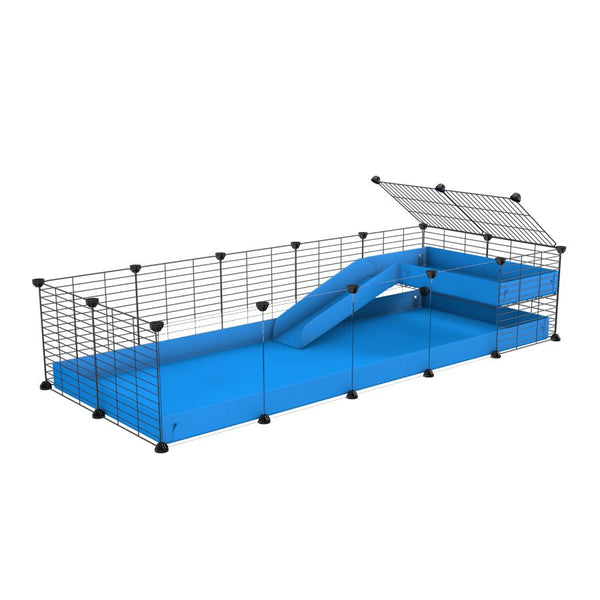 une kavee cage 5x2  avec panneaux transparents en plexiglass pour cochons d'inde avec une rampe un loft un coroplast bleu et grilles fines sans danger