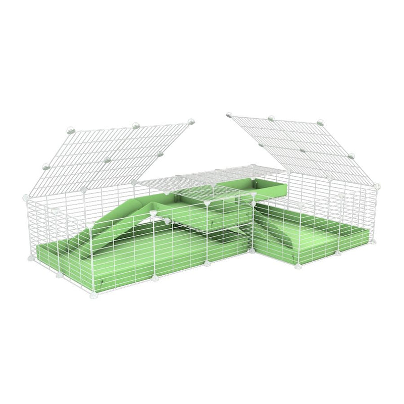 une cavy cage blanche 6x2 en L avec loft avec couvercle et separation pour cochons d'inde qui se battent ou en quarantaine avec coroplast vert kavee
