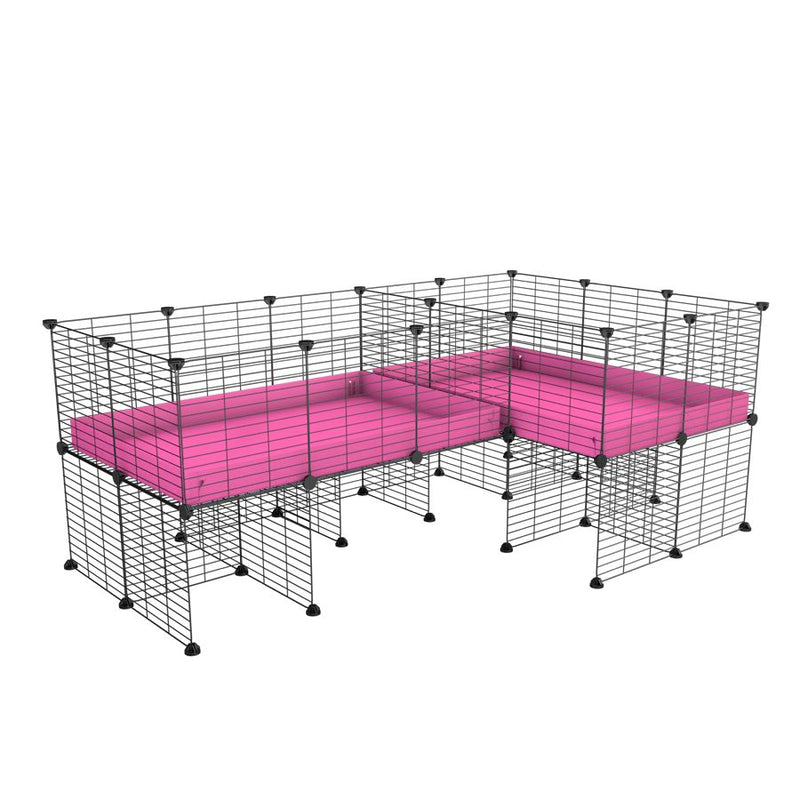une cavy cage 6x2 en L avec stand avec separation pour cochons d'inde qui se battent ou en quarantaine avec coroplast rose kavee