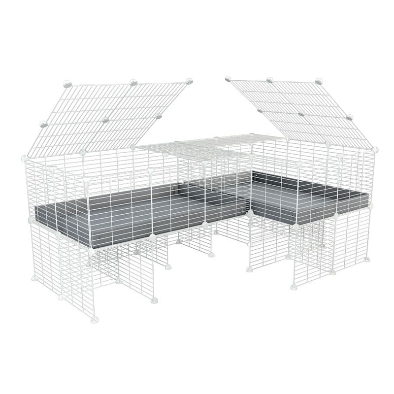 une cavy cage blanche 6x2 en L avec stand avec couvercle et separation pour cochons d'inde qui se battent ou en quarantaine avec coroplast gris kavee