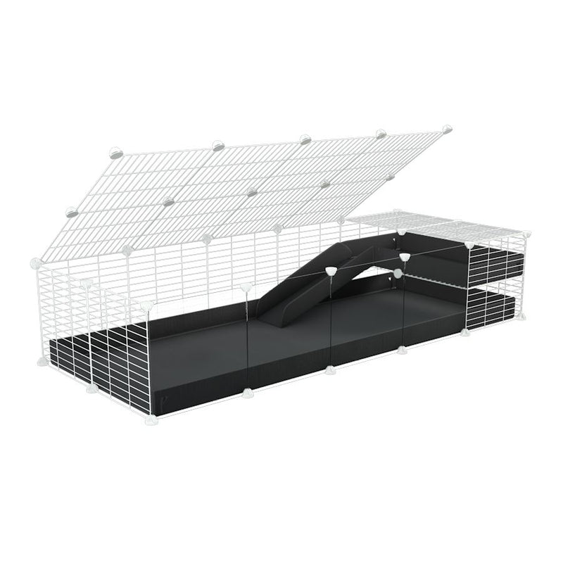une kavee C&C cage 5x2 avec panneaux transparents en plexiglass  pour cochons d'inde avec une rampe un loft un couvercle un coroplast noir et grilles blanches