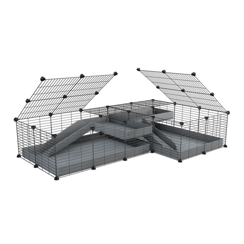 une cavy cage 6x2 en L avec loft avec couvercle et separation pour cochons d'inde qui se battent ou en quarantaine avec coroplast gris kavee
