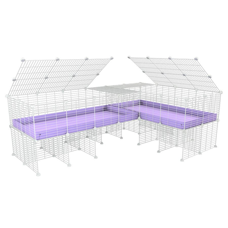 une cavy cage blanche 8x2 en L avec stand avec couvercle et division pour cochons d'inde qui se battent ou en quarantaine avec coroplast lilas violet kavee