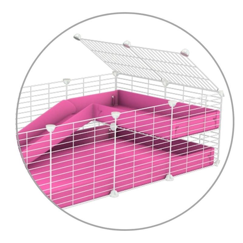 Un kit pour ajouter une rampe et une mezanine 2x1 a sa cavy cage kavee avec coroplast rose et grilles blanches sans danger
