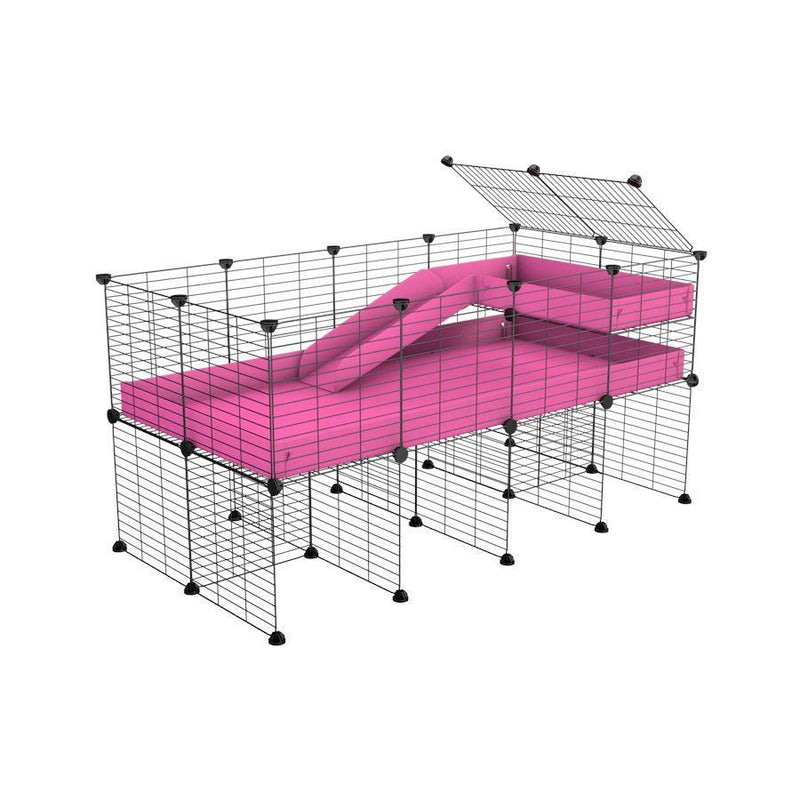 une cavy cage 4x2 pour cochons d'inde avec rehausseur loft rampe coroplast rose et grilles fines petits trous de kavee france