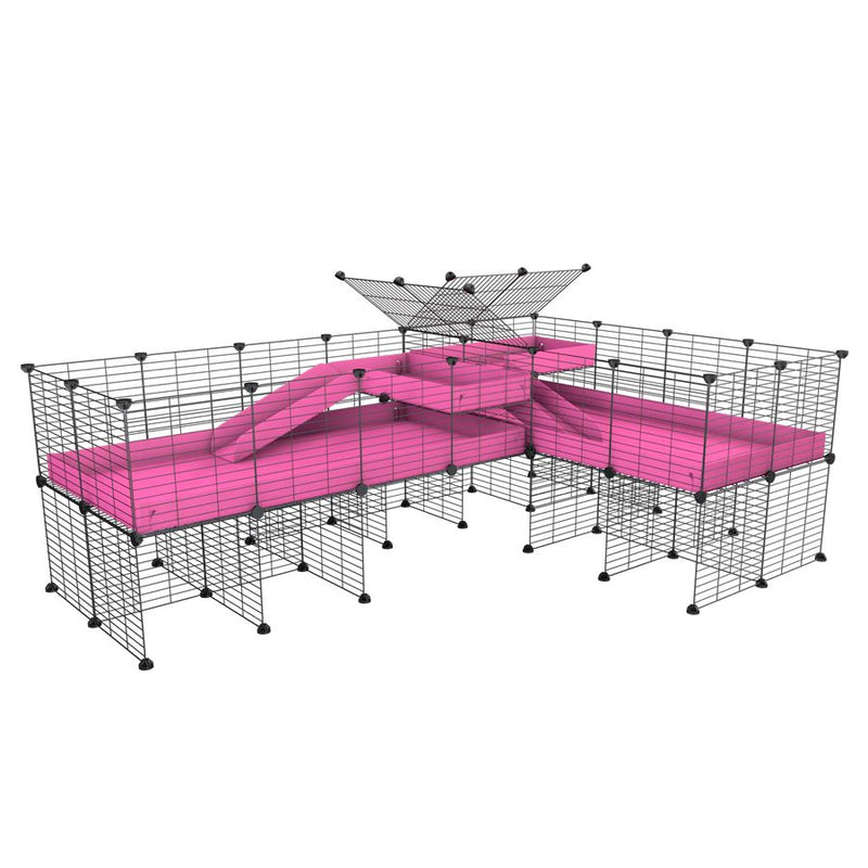 une cavy cage 8x2 de coin avec stand et loft avec separation pour cochons d'inde qui se battent ou en quarantaine avec coroplast rose kavee