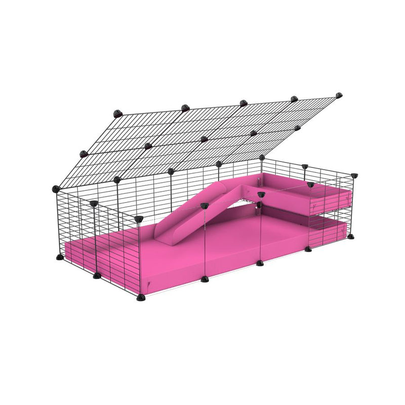 une cavy C&C cage 4x2  avec panneaux transparents en plexiglass pour cochons d'inde avec une rampe un loft un couvercle un coroplast rose et grilles fines pour bebes
