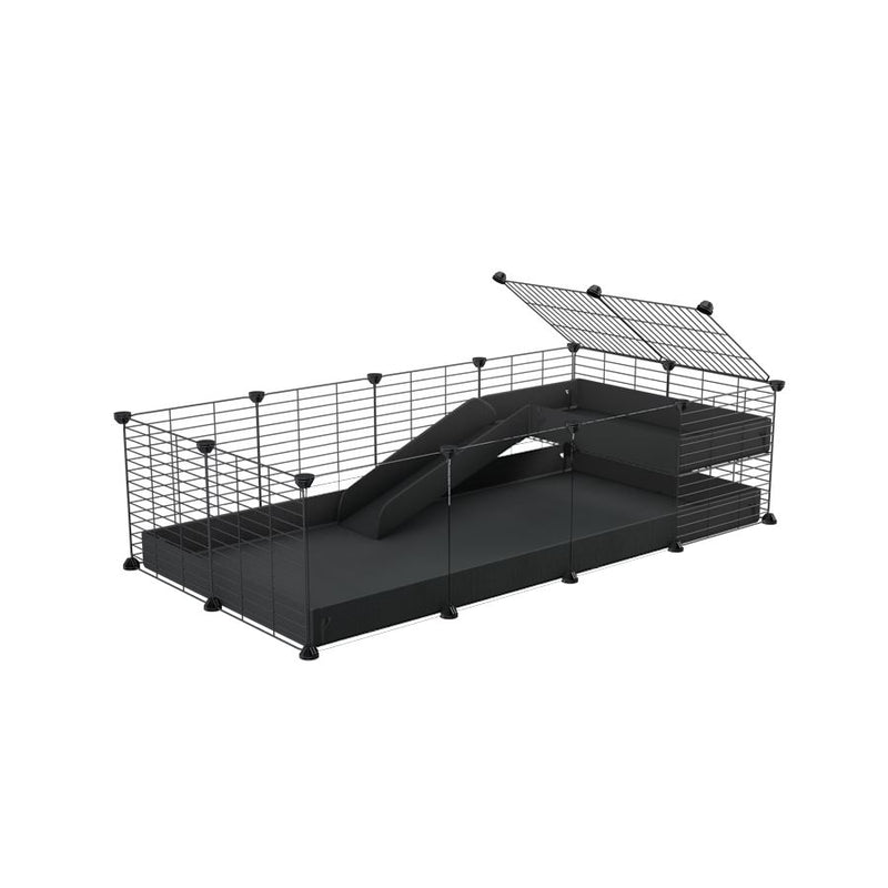 une cavy cage 4x2  avec panneaux transparents en plexiglass pour cochons d'inde avec une rampe un loft un coroplast noir et grilles fines sans danger de kavee