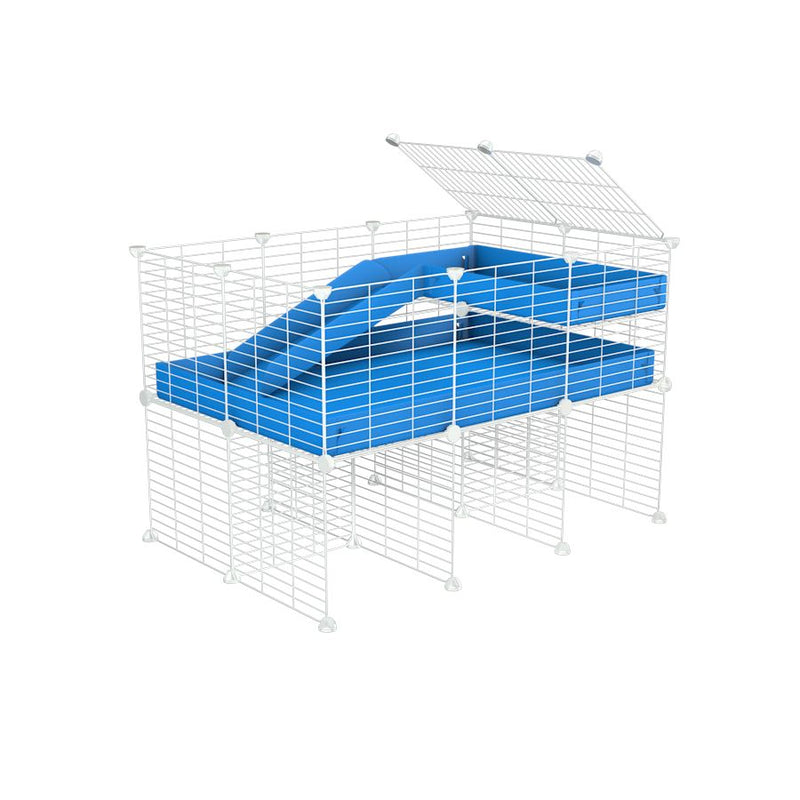 une kavee cage 3x2 pour cochons d'inde avec rehausseur loft rampe coroplast bleu et grilles blanches fines petits trous