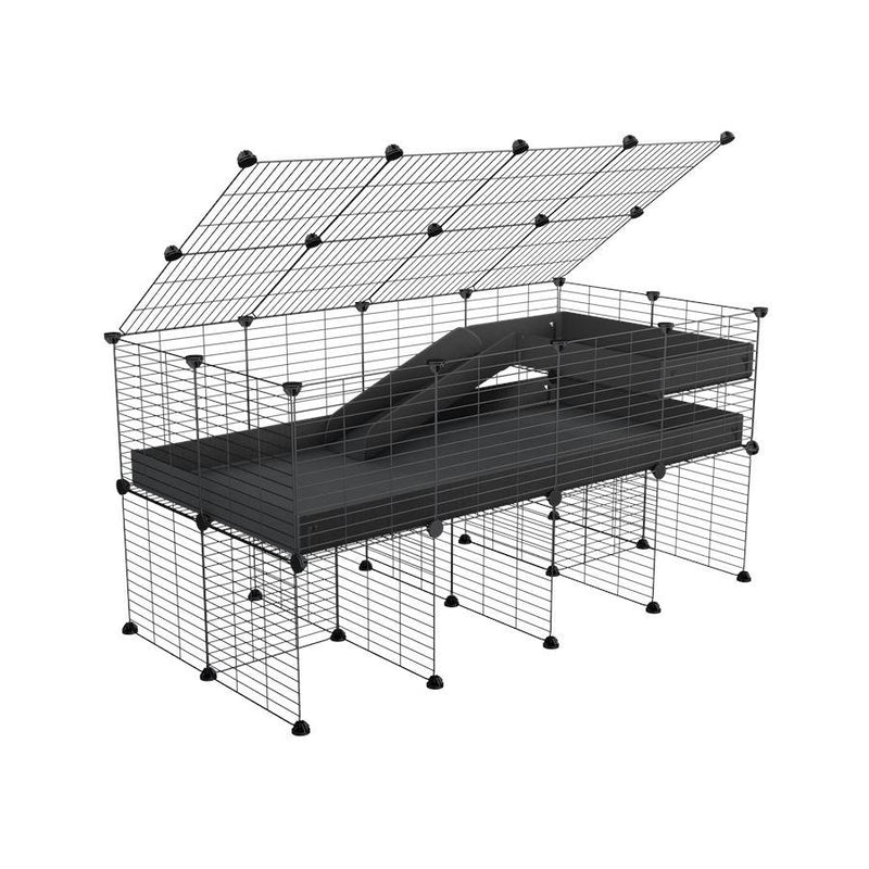 une cavy cage 4x2 pour cochons d'inde avec rehausseur couvercle loft rampe coroplast noir et grilles de kavee