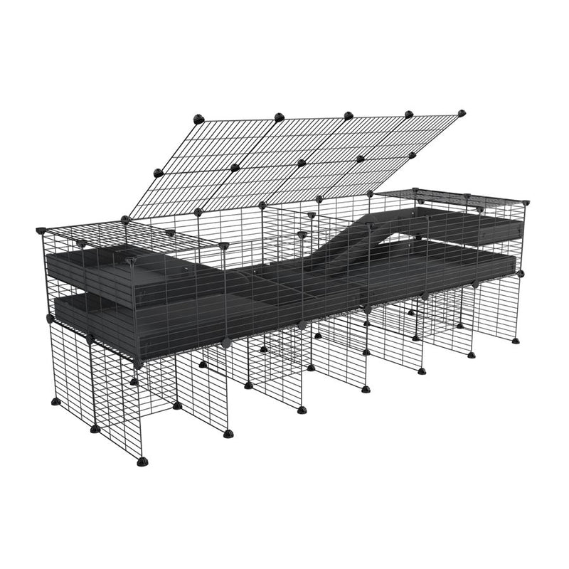 une cavy cage 6x2 stand loft avec couvercle et separation pour cochons d'inde qui se battent ou en quarantaine avec coroplast noir kavee
