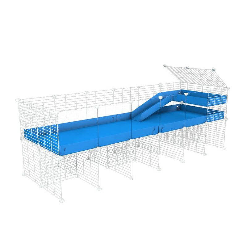 une kavee cage 6x2 avec panneaux transparents en plexiglass  pour cochons d'inde avec rehausseur loft rampe coroplast bleu et grilles blanches fines petits trous