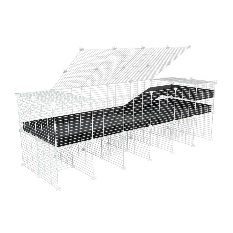 une cavy cage 6x2 pour cochons d'inde avec rehausseur couvercle loft rampe coroplast noir et grilles blanches kavee