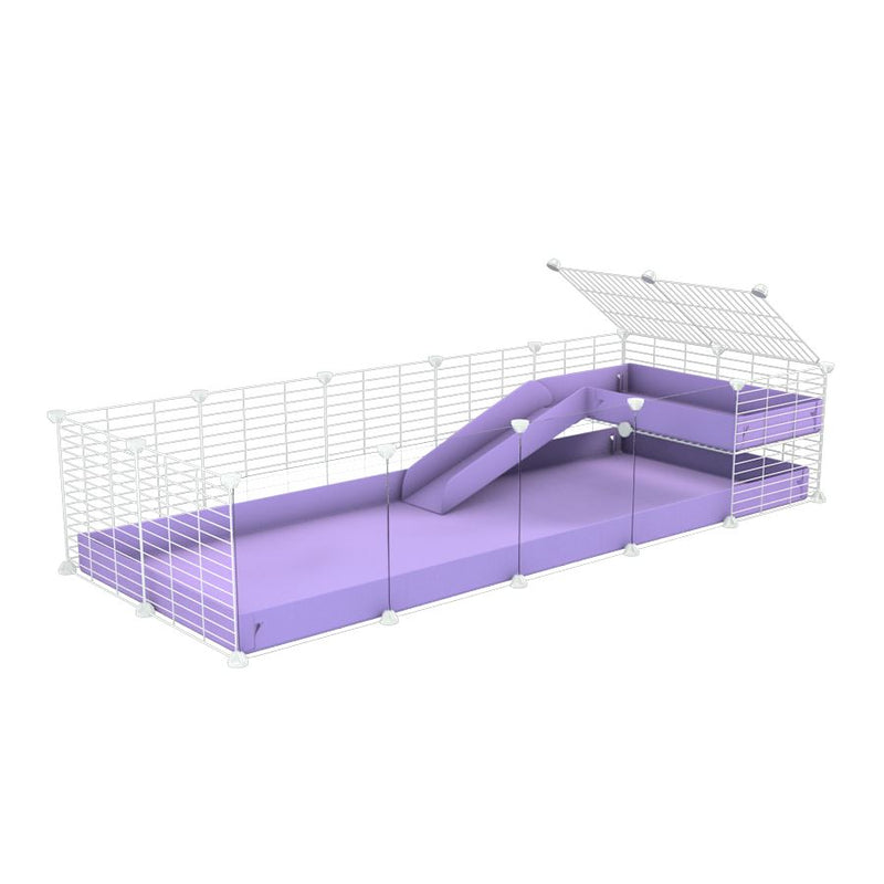 une kavee cage 5x2 avec panneaux transparents en plexiglass  pour cochons d'inde avec une rampe une mezzanine un coroplast violet lilas et grilles blanches sans danger