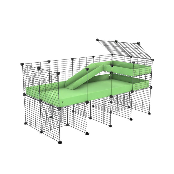 une cavy cage 4x2  avec panneaux transparents en plexiglass pour cochons d'inde avec rehausseur loft rampe coroplast vert pistache et grilles a petits trous