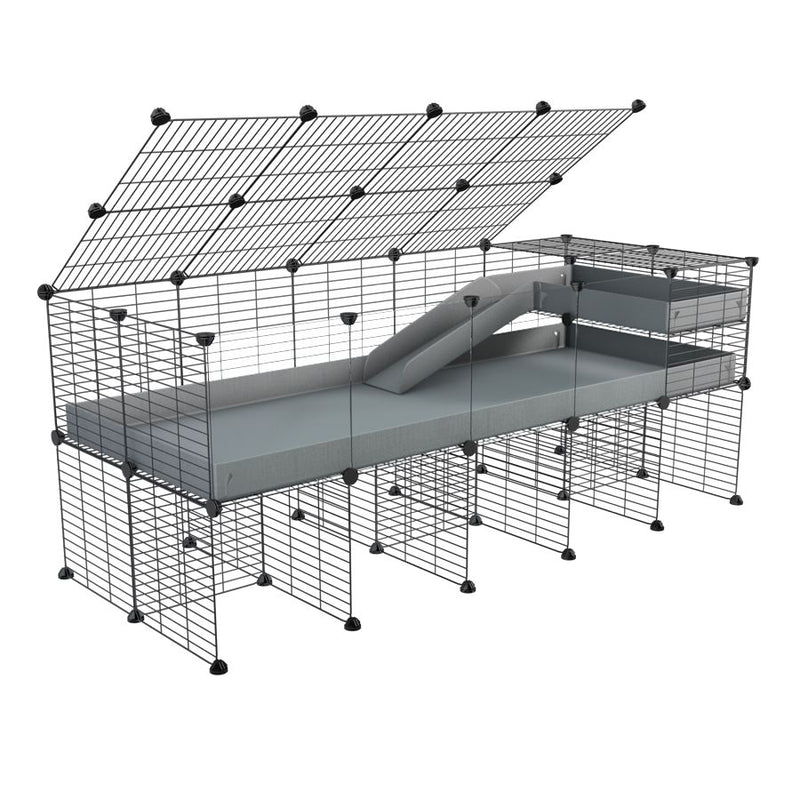 une cavy cage 5x2  avec panneaux transparents en plexiglass pour cochons d'inde avec rehausseur couvercle loft rampe coroplast gris et grilles fines de kavee france