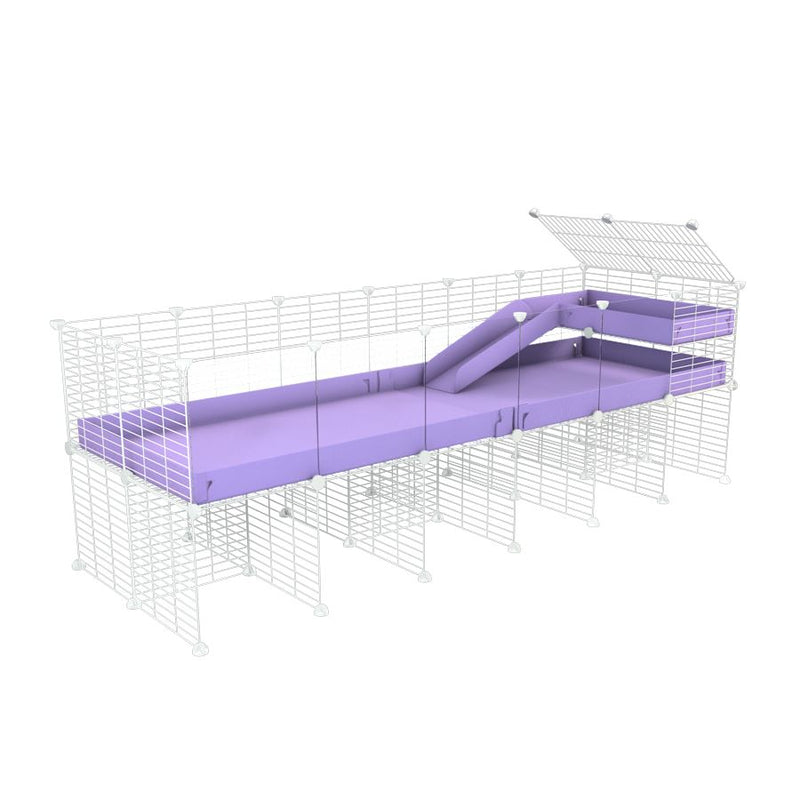 une kavee cage 6x2 avec panneaux transparents en plexiglass  pour cochons d'inde avec rehausseur loft rampe coroplast violet lilas et grilles blanches a petits trous