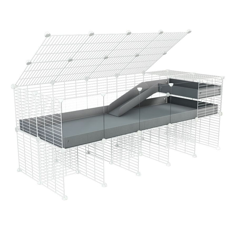 une cavy cage 5x2 avec panneaux transparents en plexiglass  pour cochons d'inde avec rehausseur couvercle loft rampe coroplast gris et grilles blanches kavee