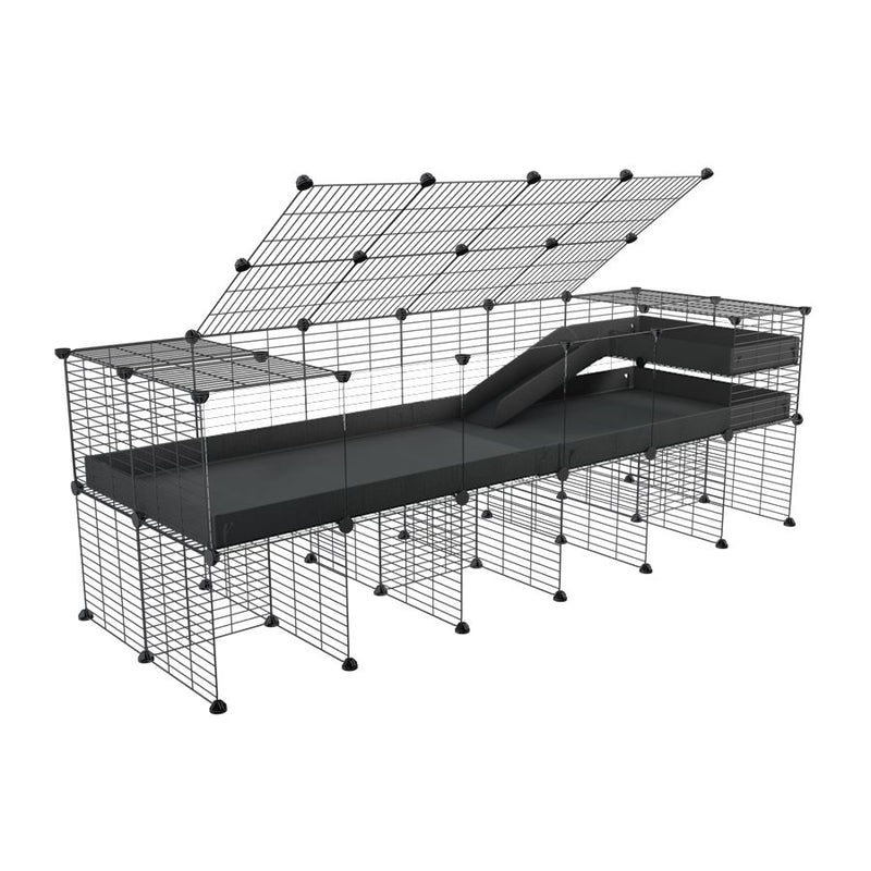 une cavy cage 6x2 avec panneaux transparents en plexiglass  pour cochons d'inde avec rehausseur couvercle loft rampe coroplast noir et grilles fines de kavee