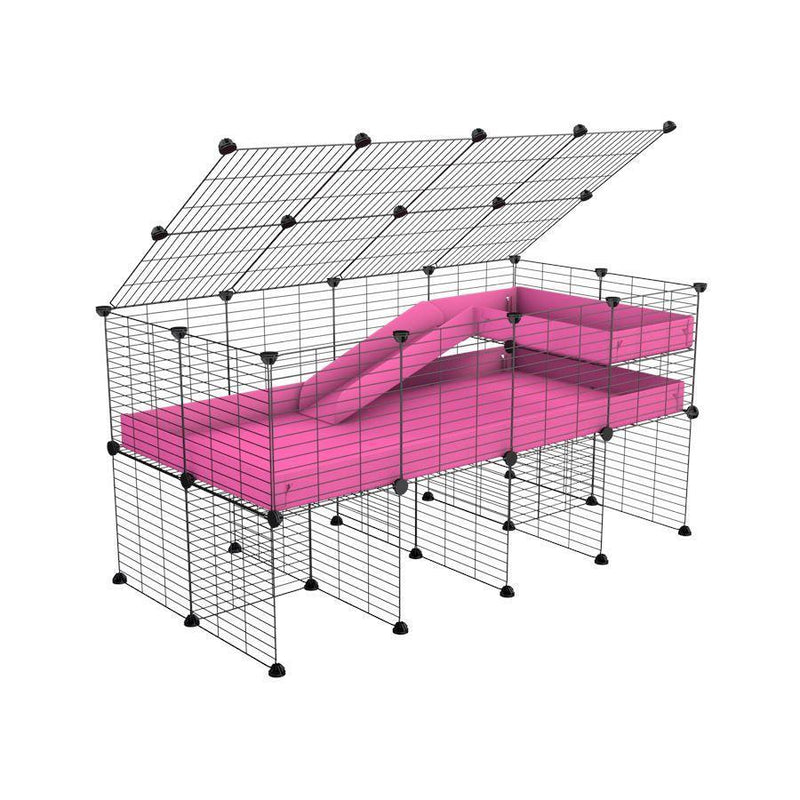 une cavy cage 4x2 pour cochons d'inde avec rehausseur couvercle loft rampe coroplast rose et grilles fines de kavee france