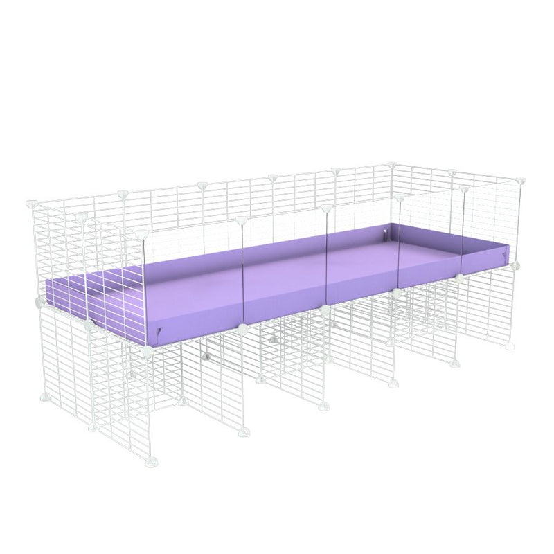 une kavee cage C&C 5x2 avec panneaux transparents en plexiglass  pour cobayes cochons d'inde avec rehausseur correx violet lilas et grilles blanches fines