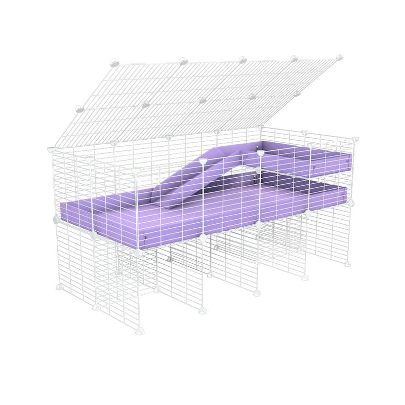 une kavee cage 4x2 pour cochons d'inde avec rehausseur couvercle loft rampe coroplast violet lilas et grilles blanches fines
