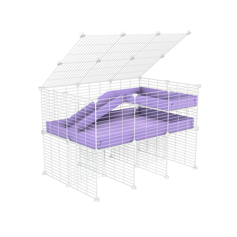 une kavee cage 3x2 pour cochons d'inde avec rehausseur couvercle loft rampe coroplast violet lilas et grilles blanches fines