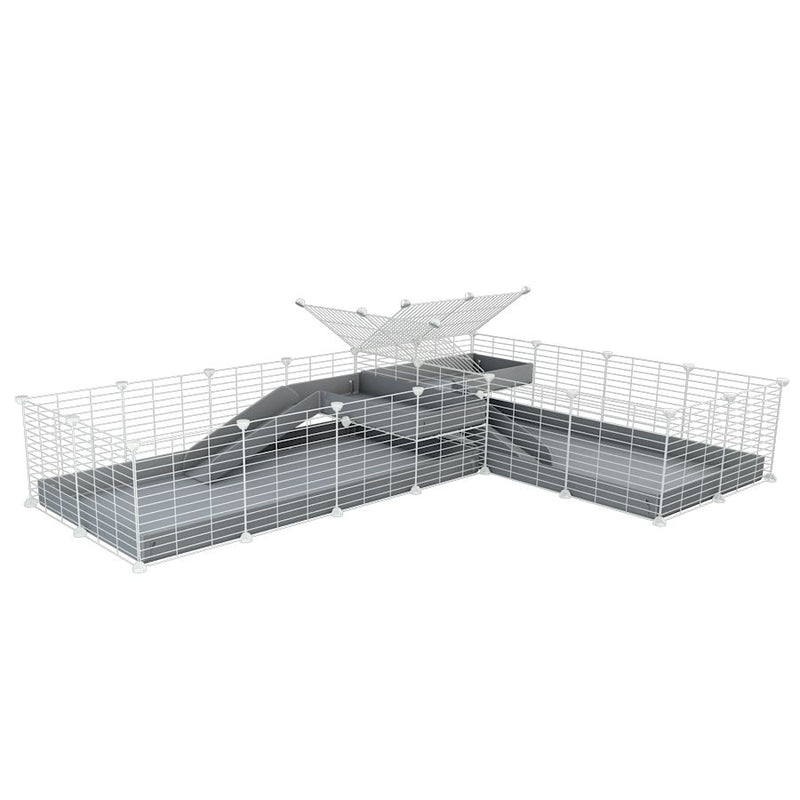 une cavy cage blanche 8x2 de coin avec loft avec division pour cochons d'inde qui se battent ou en quarantaine avec coroplast gris kavee
