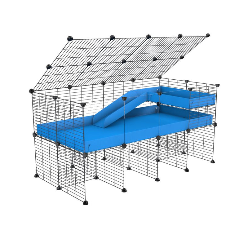 une kavee cage 4x2 pour cochons d'inde avec rehausseur  avec panneaux transparents en plexiglass  couvercle loft rampe coroplast bleu et grilles fines