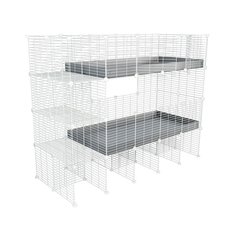 Une cavy cage double blanche deux etages 4x2 pour cochons d'inde avec etageres et stand coroplast gris Kavee