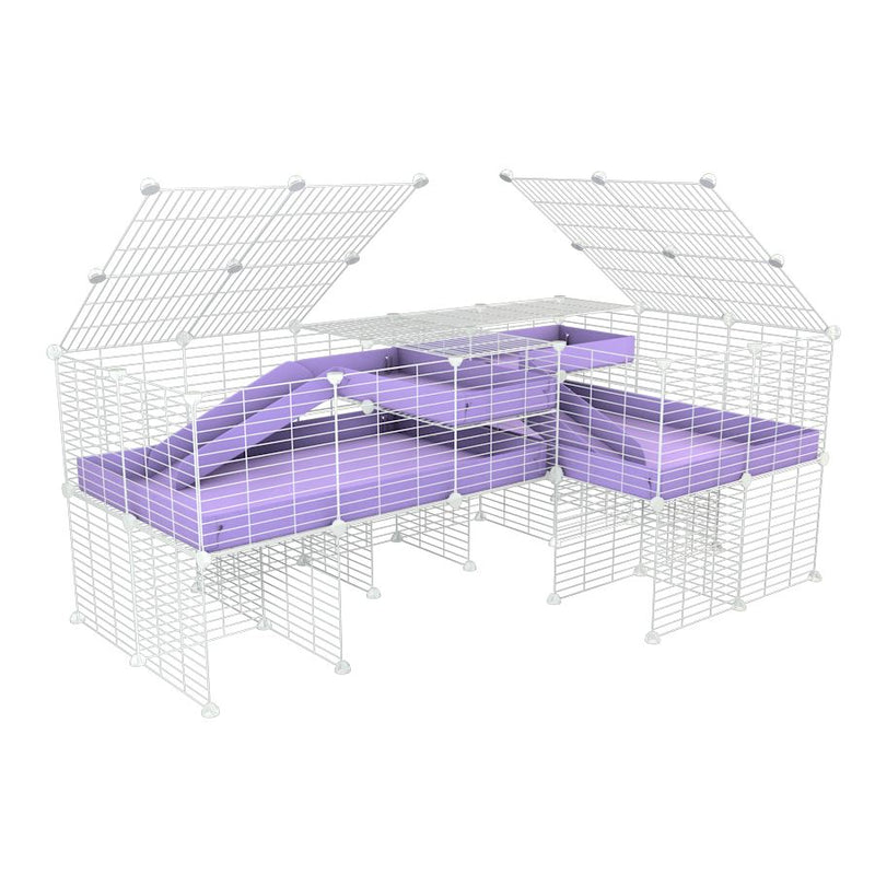 une cavy cage blanche 6x2 en L avec stand et loft avec couvercle et separation pour cochons d'inde qui se battent ou en quarantaine avec coroplast lilas violet kavee