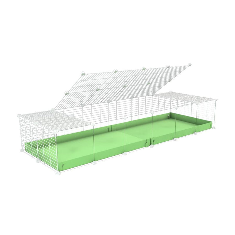 une cavy cage 6x2 avec panneaux transparents en plexiglass  pour cochons d'inde avec couvercle coroplast vert pistache et grilles blanches avec barreaux etroits